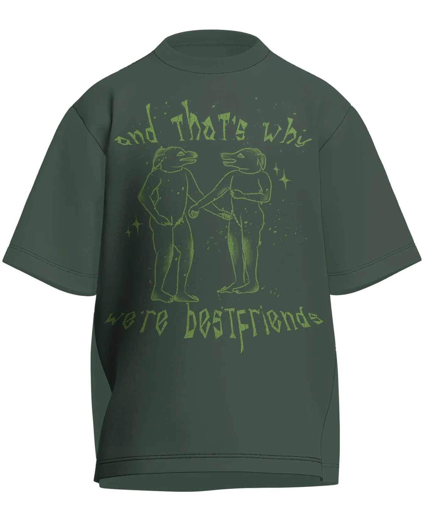 And That’s Why We’re Bestfriends - Oversized Fit Olive Green 100% cotton 240GSM standard oversized T-shirt Loom of Thirds India's No. 1 Art-led streetwear brand based in Kolkata by Sidhartha Mohanta & Chirayata Purna Chakrabarty