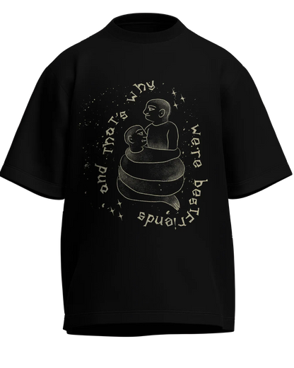 Cause We’re Bestfriends - Oversized Fit Black 100% cotton 240GSM standard oversized T-shirt Loom of Thirds India's No. 1 Art-led streetwear brand based in Kolkata by Sidhartha Mohanta & Chirayata Purna Chakrabarty