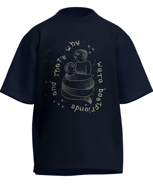 Cause We’re Bestfriends - Oversized Fit Navy Blue 100% cotton 240GSM standard oversized T-shirt Loom of Thirds India's No. 1 Art-led streetwear brand based in Kolkata by Sidhartha Mohanta & Chirayata Purna Chakrabarty