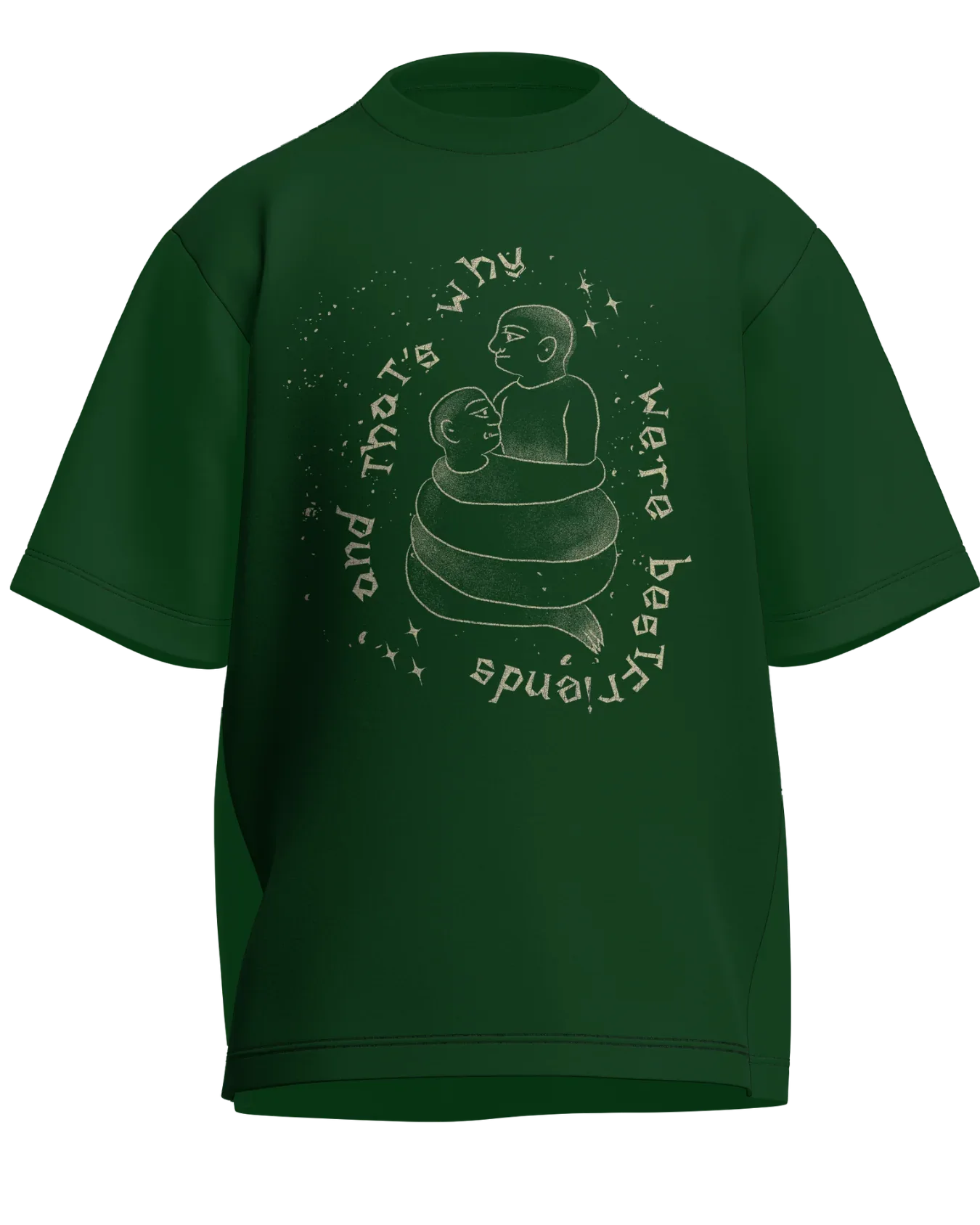 Cause We’re Bestfriends - Oversized Fit Bottle Green 100% cotton 240GSM standard oversized T-shirt Loom of Thirds India's No. 1 Art-led streetwear brand based in Kolkata by Sidhartha Mohanta & Chirayata Purna Chakrabarty