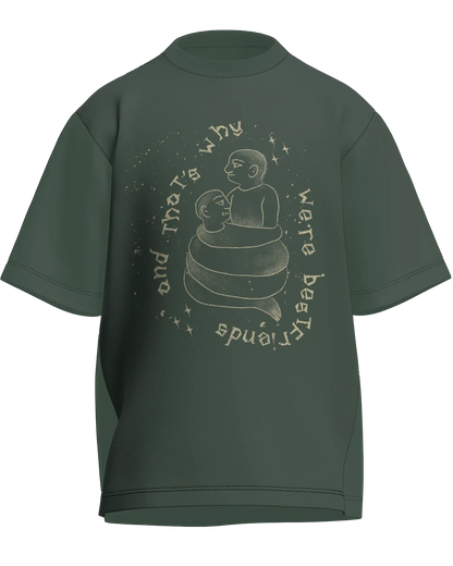 Cause We’re Bestfriends - Oversized Fit Olive Green 100% cotton 240GSM standard oversized T-shirt Loom of Thirds India's No. 1 Art-led streetwear brand based in Kolkata by Sidhartha Mohanta & Chirayata Purna Chakrabarty