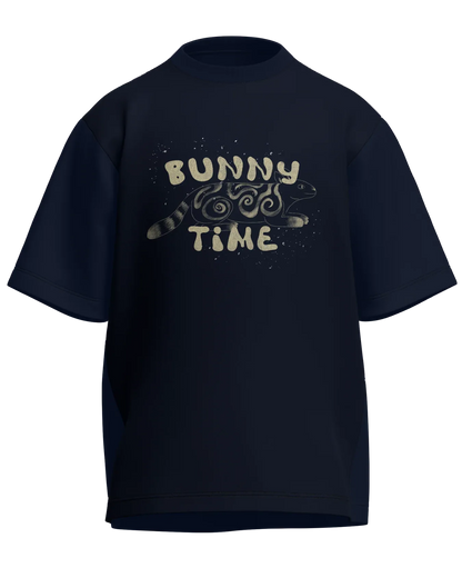 Bunny Time - Oversized Fit Navy Blue 100% cotton 240GSM standard oversized T-shirt Loom of Thirds India's No. 1 Art-led streetwear brand based in Kolkata by Sidhartha Mohanta & Chirayata Purna Chakrabarty