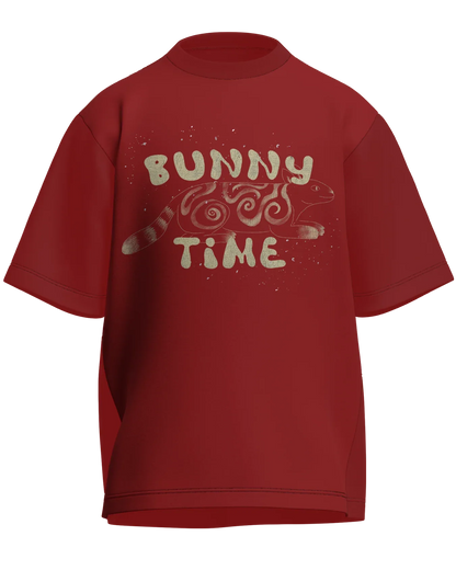 Bunny Time - Oversized Fit Red 100% cotton 240GSM standard oversized T-shirt Loom of Thirds India's No. 1 Art-led streetwear brand based in Kolkata by Sidhartha Mohanta & Chirayata Purna Chakrabarty
