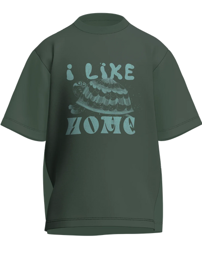 I Like Home - Oversized Fit Olive Green 100% cotton 240GSM standard oversized T-shirt Loom of Thirds India's No. 1 Art-led streetwear brand based in Kolkata by Sidhartha Mohanta & Chirayata Purna Chakrabarty