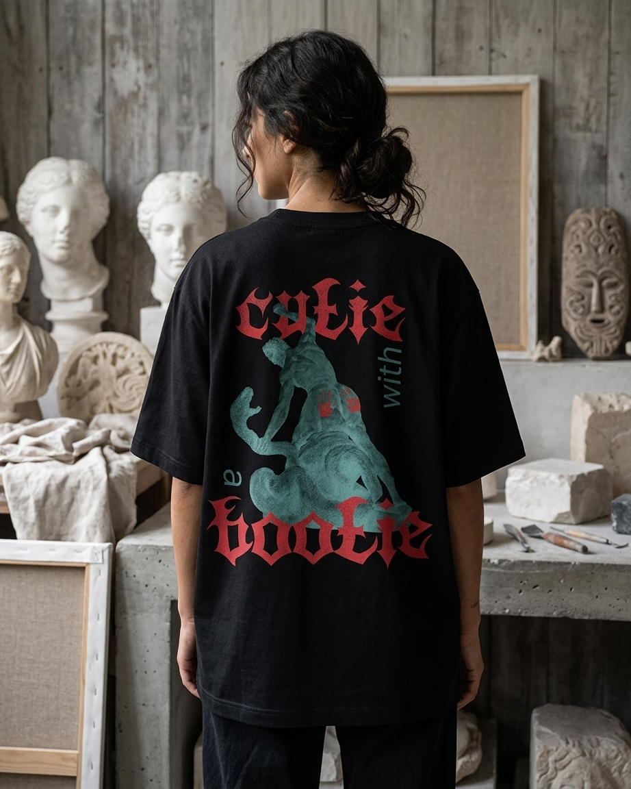 Cutie with a Bootie – Classical Art Oversized Tee Oversized French Terry Cotton Premium Streetwear T-shirt Loom of Thirds India's No. 1 Art-led, graphic streetwear brand based in Kolkata by Sidhartha Mohanta & Chirayata Purna Chakrabarty