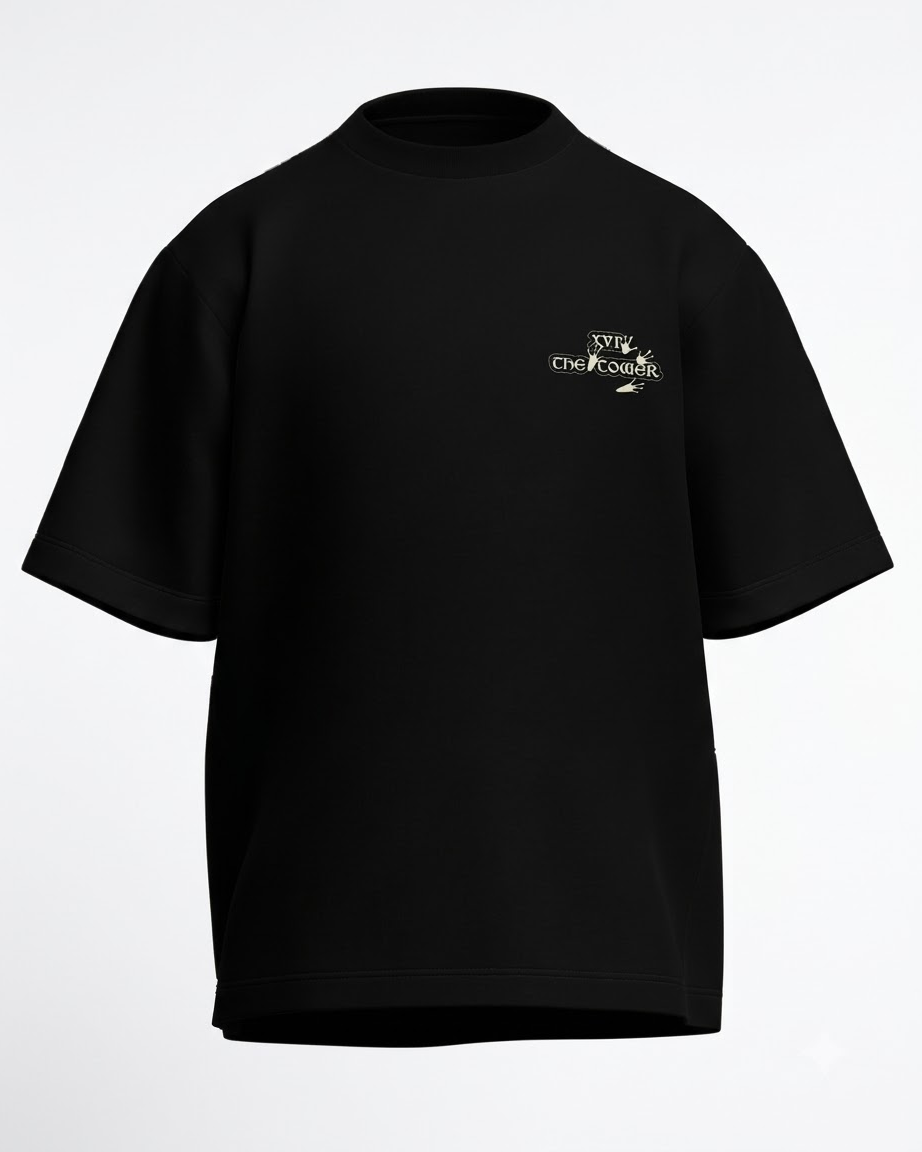 The Tower of Frogs – Tarot Oversized T-Shirt Oversized French Terry Cotton Premium Streetwear T-shirt Loom of Thirds India's No. 1 Art-led, graphic streetwear brand based in Kolkata by Sidhartha Mohanta & Chirayata Purna Chakrabarty