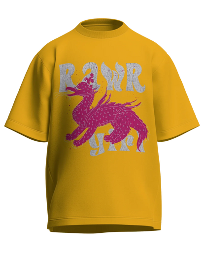 Rawr Girl - Oversized Fit Golden Yellow 100% cotton 240GSM standard oversized T-shirt Loom of Thirds India's No. 1 Art-led streetwear brand based in Kolkata by Sidhartha Mohanta & Chirayata Purna Chakrabarty