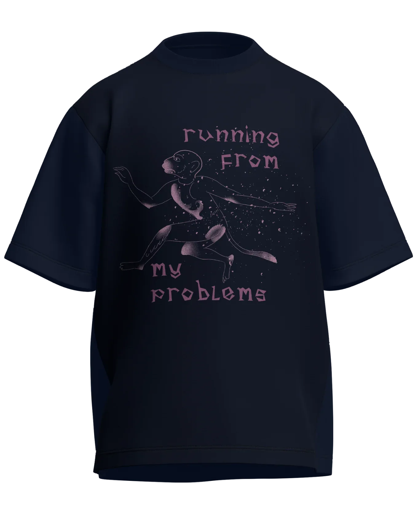 Running From My Problems - Oversized Fit Navy Blue 100% cotton 240GSM standard oversized T-shirt Loom of Thirds India's No. 1 Art-led streetwear brand based in Kolkata by Sidhartha Mohanta & Chirayata Purna Chakrabarty