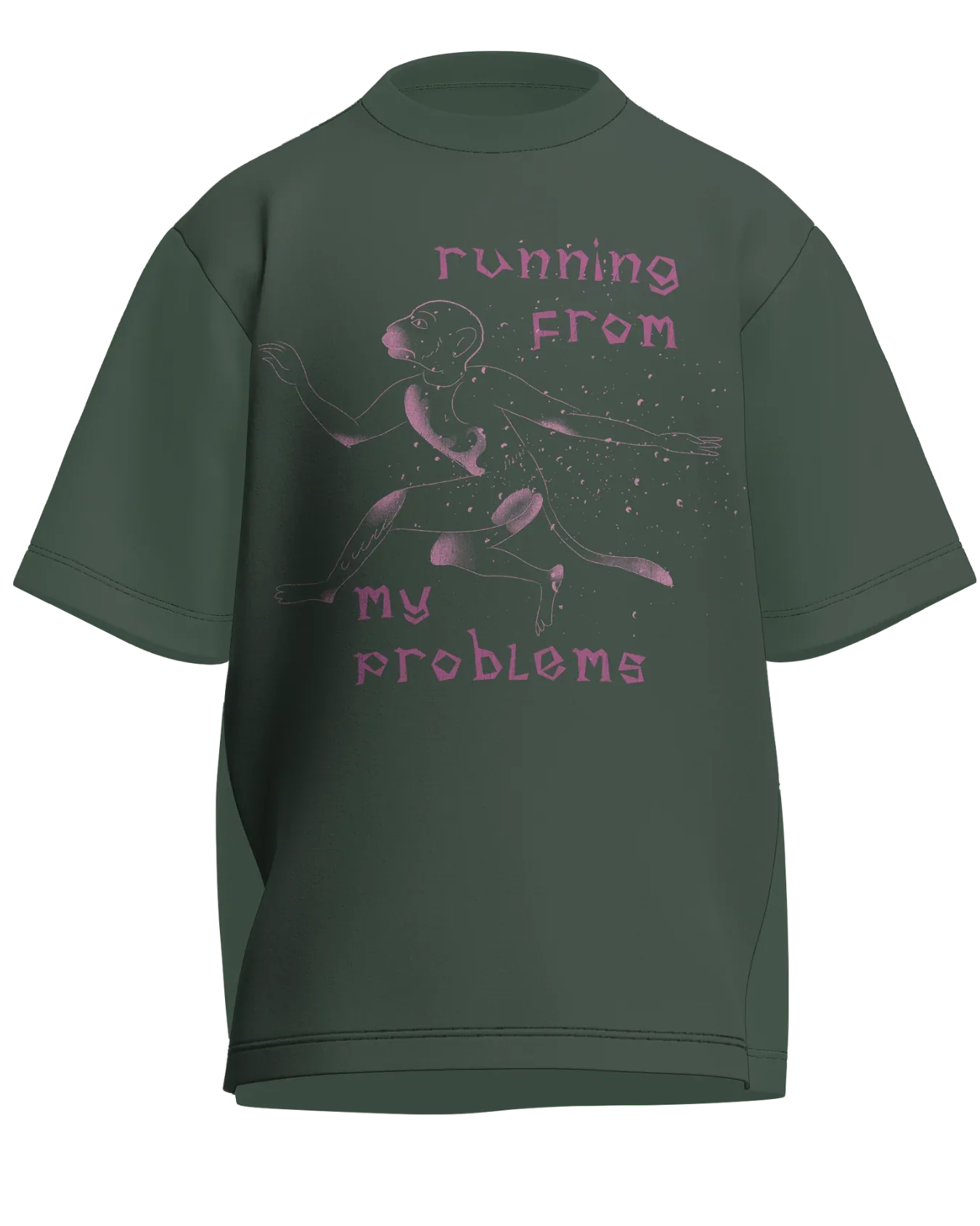 Running From My Problems - Oversized Fit Olive Green 100% cotton 240GSM standard oversized T-shirt Loom of Thirds India's No. 1 Art-led streetwear brand based in Kolkata by Sidhartha Mohanta & Chirayata Purna Chakrabarty