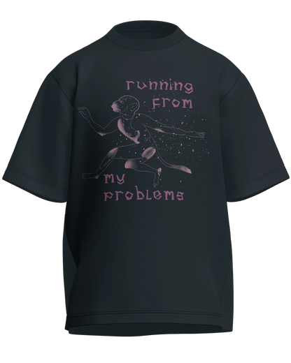 Running From My Problems - Oversized Fit Petrol Blue 100% cotton 240GSM standard oversized T-shirt Loom of Thirds India's No. 1 Art-led streetwear brand based in Kolkata by Sidhartha Mohanta & Chirayata Purna Chakrabarty
